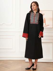 花卉刺繡露襠領連衣裙 - 黑色 - 查看 5