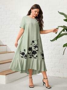 Mulvari Plus Floral Print Ruffle Hem Smock Dress - Mint Green - View 1