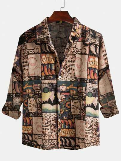 Camisa de manga larga con estampado de patchwork para hombre, otoño