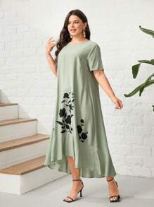 Mulvari Plus Floral Print Ruffle Hem Smock Dress - Mint Green - View 3