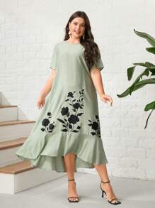 Mulvari Plus Floral Print Ruffle Hem Smock Dress - Mint Green - View 5