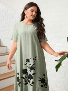 Mulvari Plus Floral Print Ruffle Hem Smock Dress - Mint Green - View 6