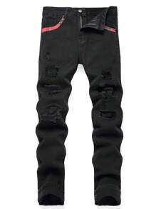 Nam Rách Frayed Quần jean ôm - màu đen - Xem 1