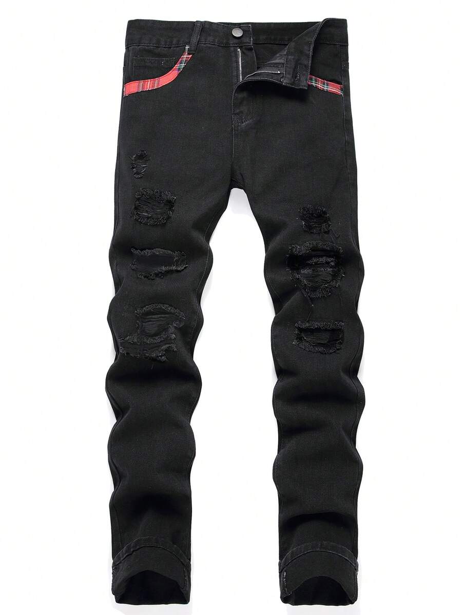 Nam Rách Frayed Quần jean ôm - màu đen - Xem 1