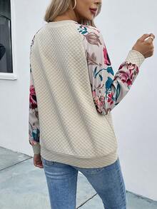 SHEIN VCAY Sudadera con estampado floral de manga raglán - Albaricoque - Ver 2