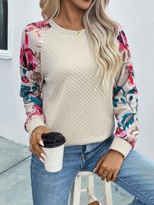 SHEIN VCAY Sudadera con estampado floral de manga raglán - Albaricoque - Ver 6