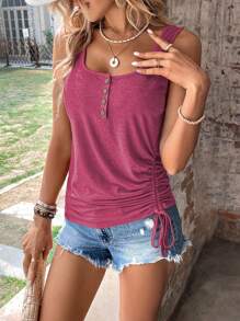 SHEIN LUNE Half Button Drawstring Side Tank Top - Hot Pink - View 5