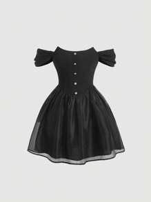 SHEIN MOD 一字肩前紐扣網紗覆蓋連衣裙 - 黑色 - 查看 1