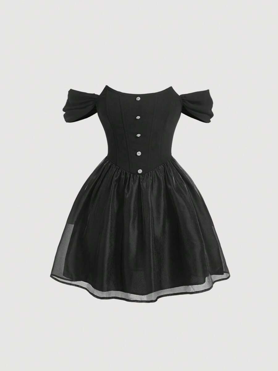 SHEIN MOD 一字肩前紐扣網紗覆蓋連衣裙 - 黑色 - 查看 1