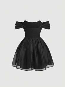 SHEIN MOD 一字肩前紐扣網紗覆蓋連衣裙 - 黑色 - 查看 2