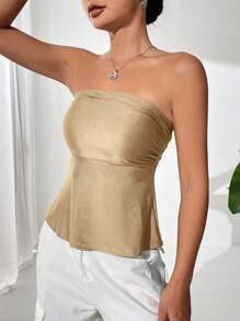 SHEIN BAE Solid Tube Top - Khaki - View 3