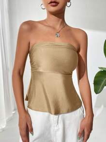 SHEIN BAE Solid Tube Top - Khaki - View 4