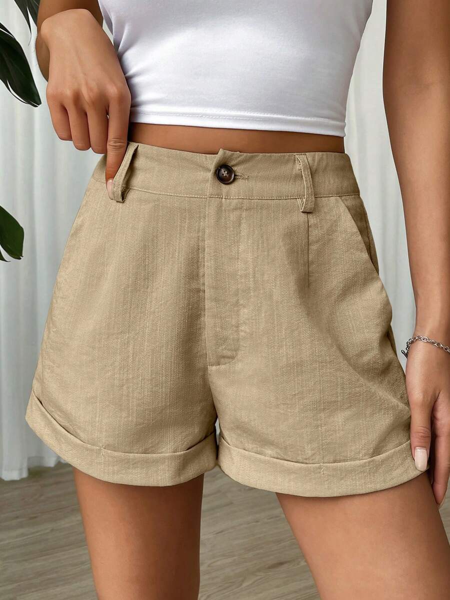 SHEIN EZwear Women's Casual Versatile Commute Solid Color Loose Shorts - Apricot - View 1