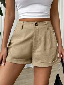 SHEIN EZwear Women's Casual Versatile Commute Solid Color Loose Shorts - Apricot - View 4