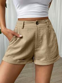 SHEIN EZwear Women's Casual Versatile Commute Solid Color Loose Shorts - Apricot - View 6