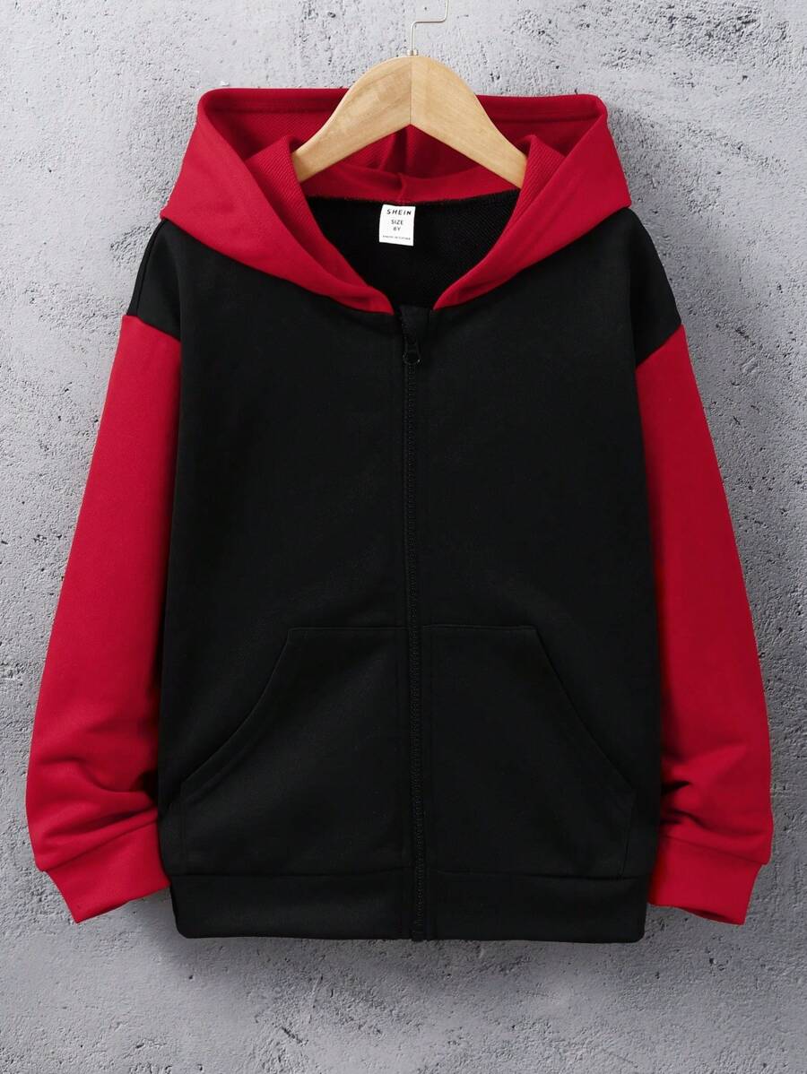SHEIN Chico preadolescente Cazadora de dos tonos con bolsillo de canguro con capucha - Negro - Ver 1