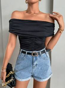 SHEIN Privé Off Shoulder Ruched Tee - Black - View 2