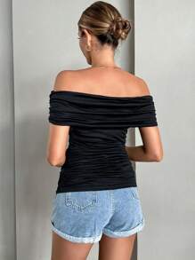 SHEIN Privé Off Shoulder Ruched Tee - Black - View 4