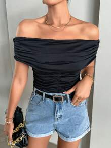 SHEIN Privé Off Shoulder Ruched Tee - Black - View 1