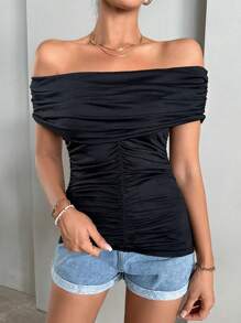 SHEIN Privé Off Shoulder Ruched Tee - Black - View 3