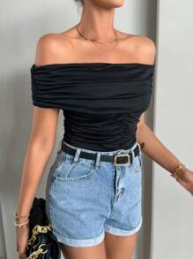 SHEIN Privé Off Shoulder Ruched Tee - Black - View 6