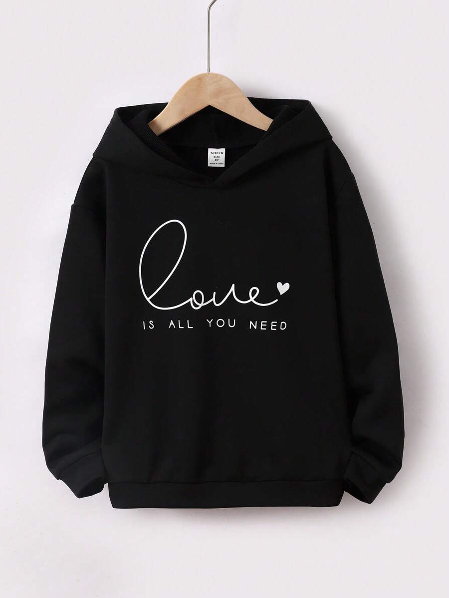 SHEIN Áo nỉ tay trễ vai in hình trái tim và khẩu hiệu dành cho bé gái tuổi teen - màu đen - Xem 1