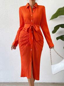 SHEIN Essnce Vestido camisero unicolor con cinturón - Naranja - Ver 4
