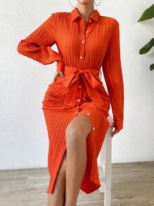 SHEIN Essnce Vestido camisero unicolor con cinturón - Naranja - Ver 3