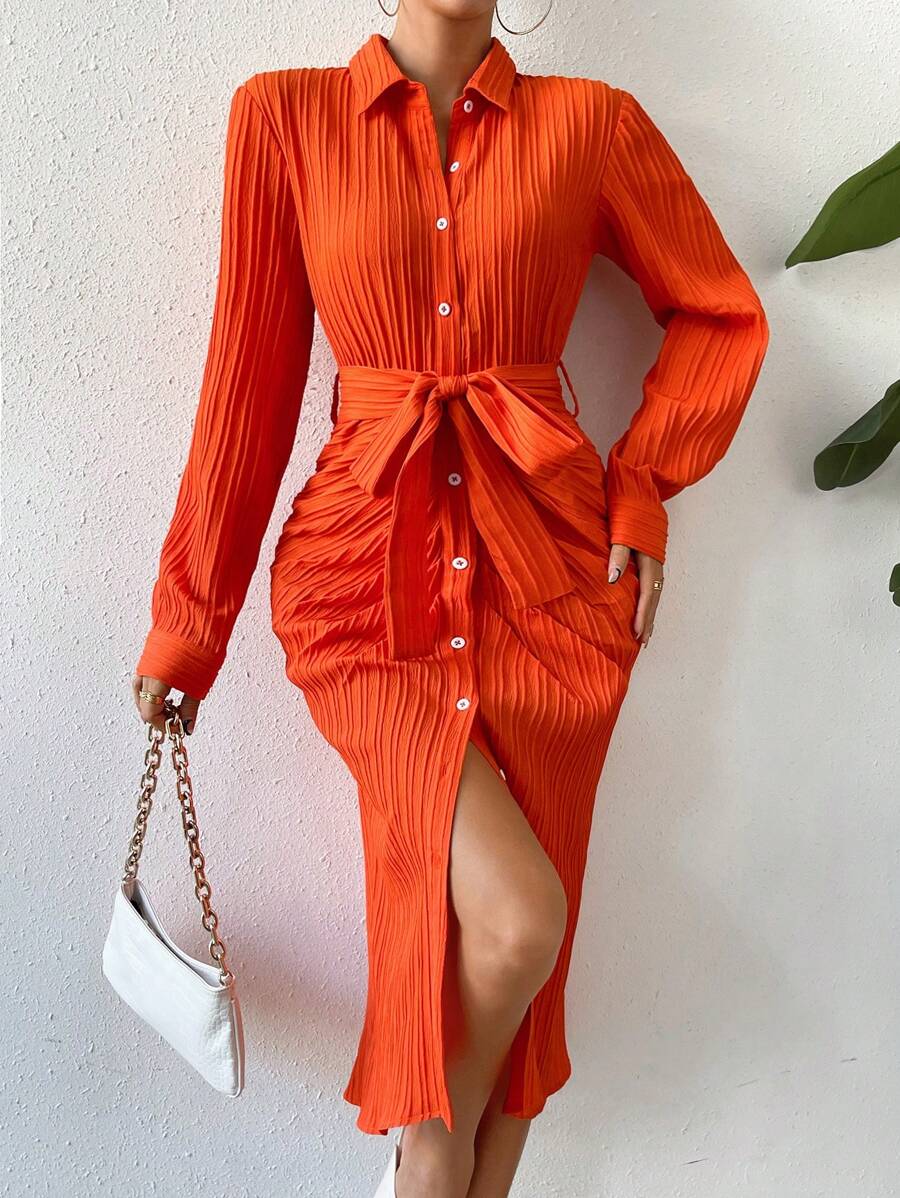 SHEIN Essnce Vestido camisero unicolor con cinturón - Naranja - Ver 1