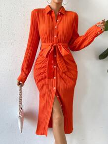SHEIN Essnce Vestido camisero unicolor con cinturón - Naranja - Ver 5