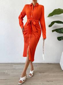 SHEIN Essnce Vestido camisero unicolor con cinturón - Naranja - Ver 6