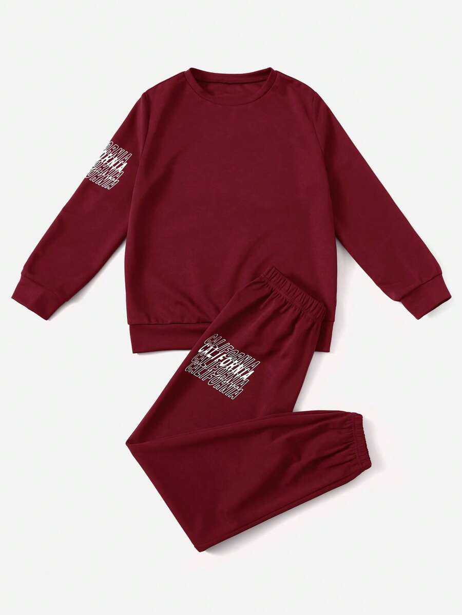 SHEIN Tween Boy Letter Graphic Sweatshirt & Joggers - Burgundy - View 1