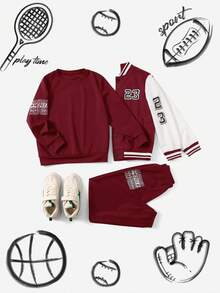 SHEIN Tween Boy Letter Graphic Sweatshirt & Joggers - Burgundy - View 3