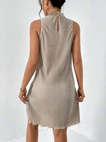 SHEIN Essnce Solid Lettuce Trim Halter Neck Tank Dress - Champagne - View 5