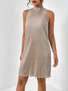 SHEIN Essnce Solid Lettuce Trim Halter Neck Tank Dress - Champagne - View 6