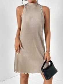 SHEIN Essnce Solid Lettuce Trim Halter Neck Tank Dress - Champagne - View 1