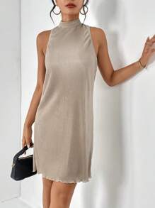SHEIN Essnce Solid Lettuce Trim Halter Neck Tank Dress - Champagne - View 2