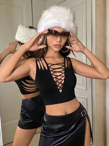 SHEIN ICON 前交叉短款背心 - 黑色 - 查看 4