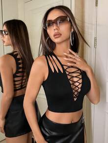 SHEIN ICON 前交叉短款背心 - 黑色 - 查看 5