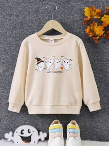 SHEIN Cô Gái Trẻ Bản in Halloween Áo nỉ - Màu be - Xem 1