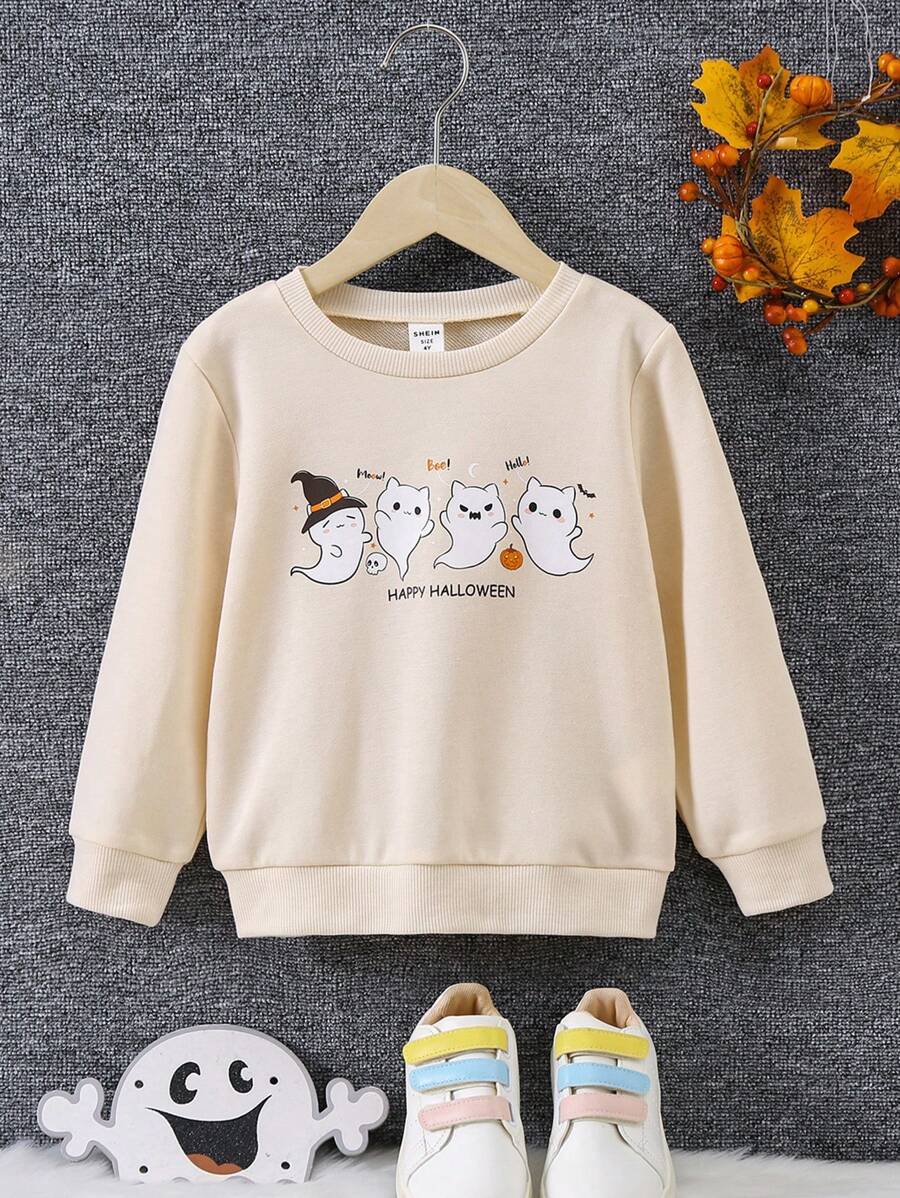 SHEIN Cô Gái Trẻ Bản in Halloween Áo nỉ - Màu be - Xem 1