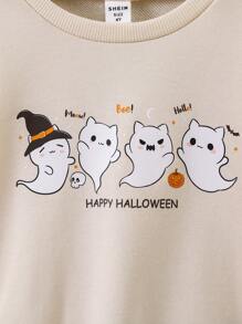 SHEIN Cô Gái Trẻ Bản in Halloween Áo nỉ - Màu be - Xem 3