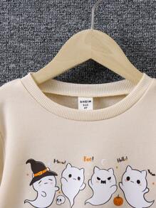 SHEIN Cô Gái Trẻ Bản in Halloween Áo nỉ - Màu be - Xem 4
