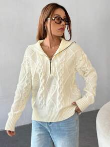 SHEIN EZwear Cable Knit Half Zip Drop Shoulder Sweater,Long Sleeve Tops - Beige - View 7