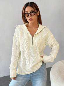 SHEIN EZwear Cable Knit Half Zip Drop Shoulder Sweater,Long Sleeve Tops - Beige - View 3