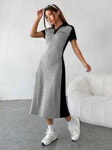 SHEIN EZwear Vestido con estampado de letra de cuello polo - Gris - Ver 6
