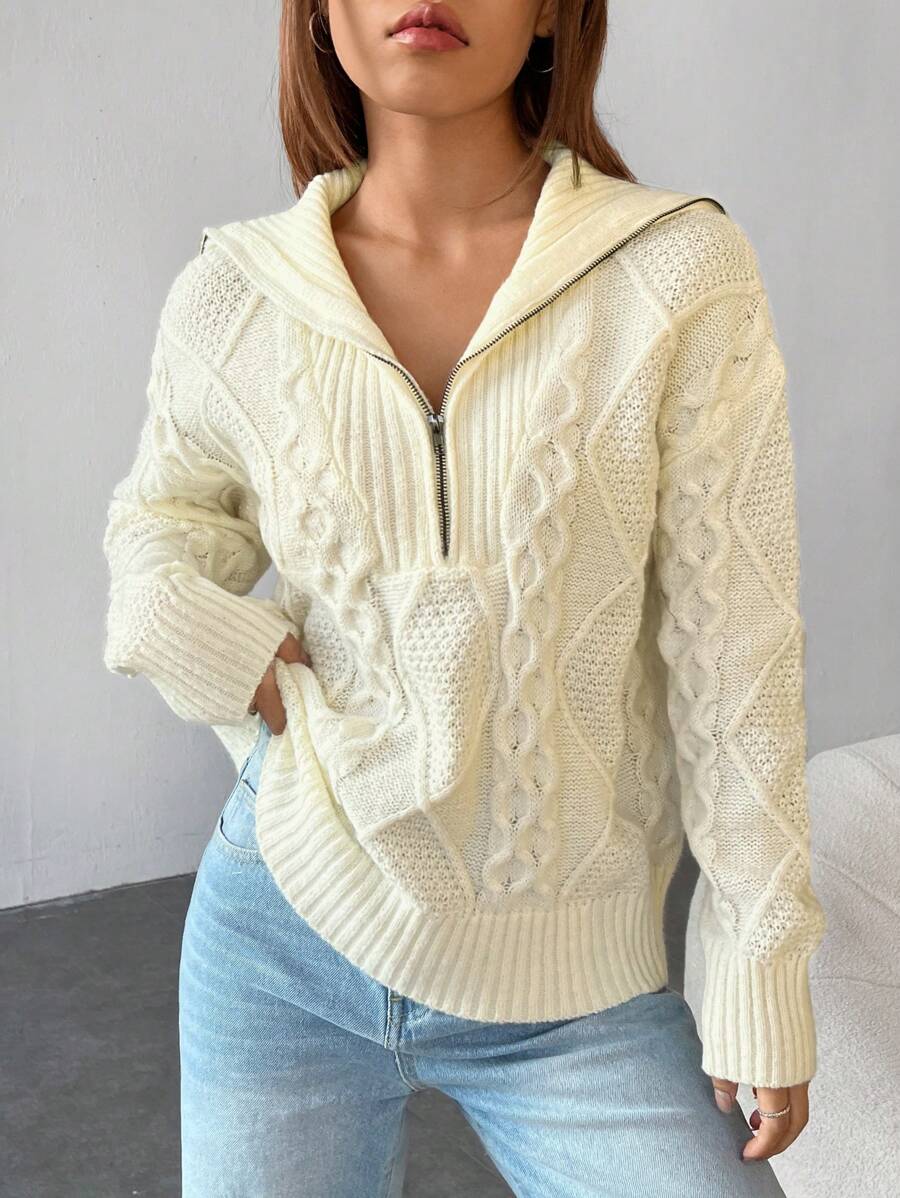 SHEIN EZwear Cable Knit Half Zip Drop Shoulder Sweater,Long Sleeve Tops - Beige - View 1