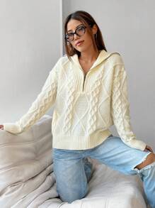 SHEIN EZwear Cable Knit Half Zip Drop Shoulder Sweater,Long Sleeve Tops - Beige - View 5