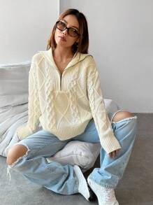 SHEIN EZwear Cable Knit Half Zip Drop Shoulder Sweater,Long Sleeve Tops - Beige - View 6