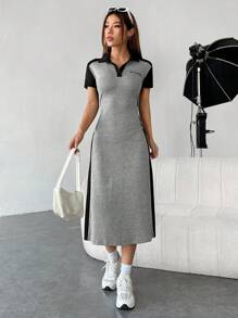 SHEIN EZwear Vestido con estampado de letra de cuello polo - Gris - Ver 5